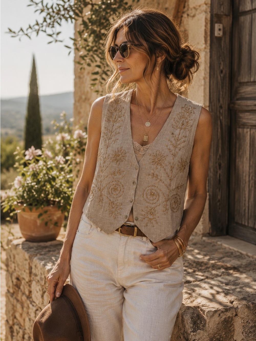 Vintage Beaded Linen Blend Vest Taupe Medium Boho Western Cottagecore Festival